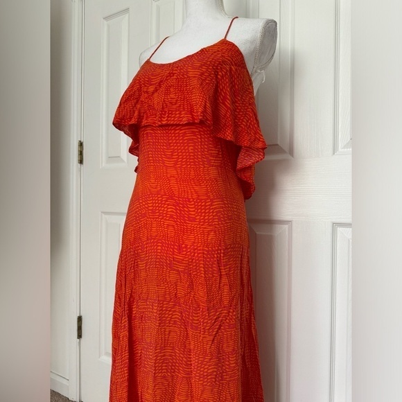 Thakoon Collective- Orange & Red Printed Thin Strap Ruffle Layered Midi Dress - Picture 6 of 9